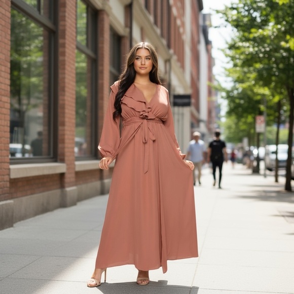 Maxi Wrap Front Ruffle Top Semi-Sheer Dress
New - Picture 1 of 7